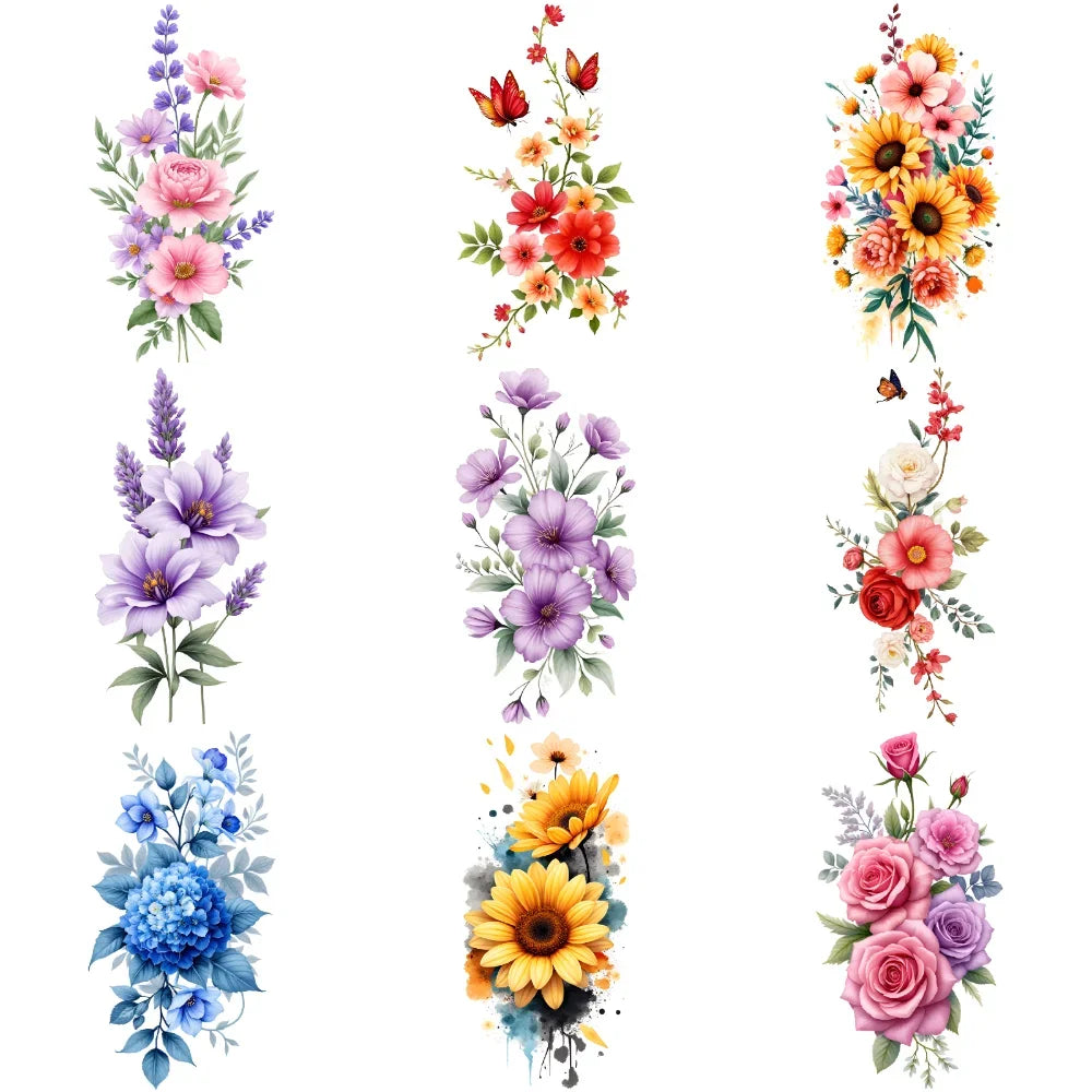 9pcs Colorful Flower Temporary Tattoos Stickers 3D Disposable Body Arm Tatoo Sticker Men Women Waterproof Fake Tatoos