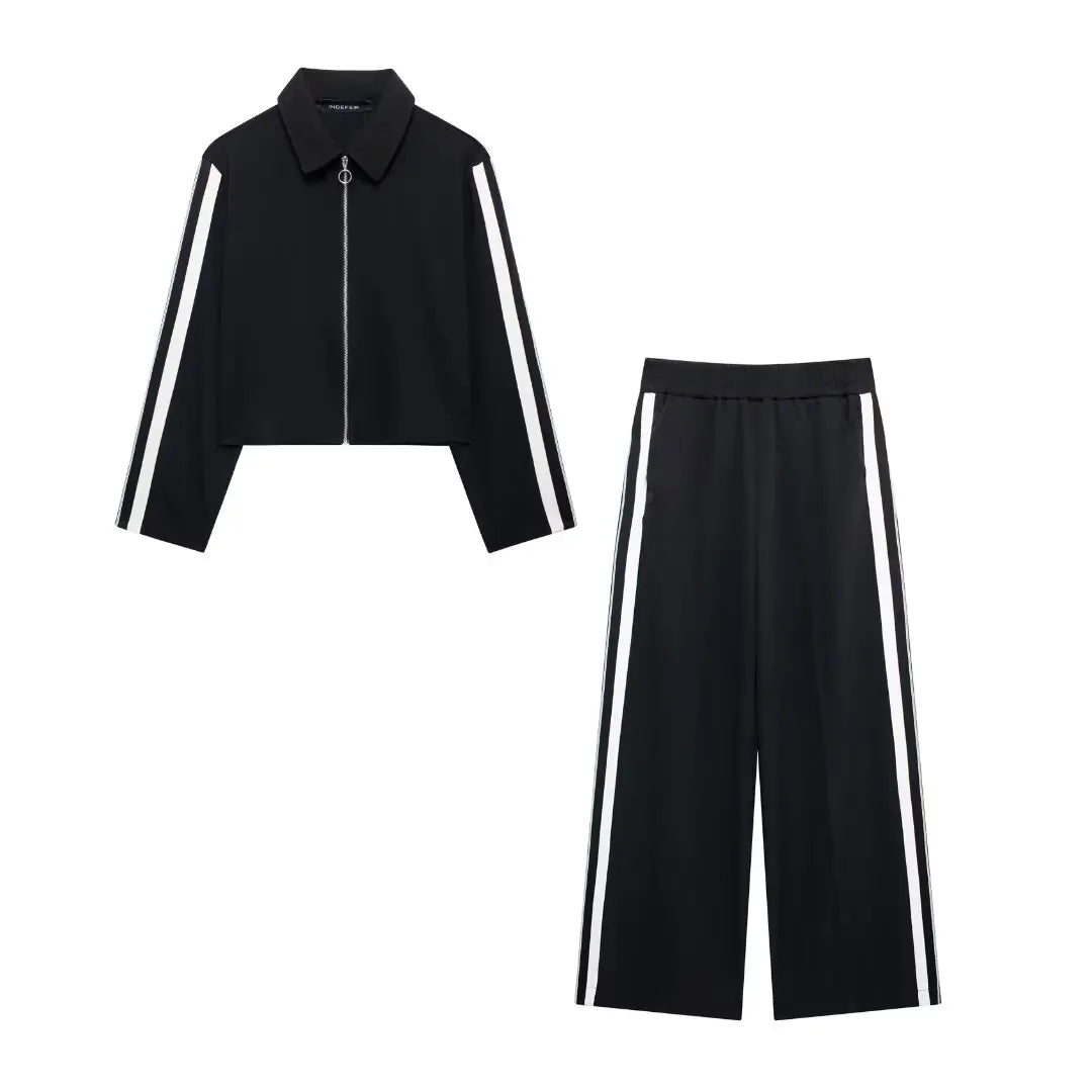 HH 2024 Women Stripe Top Trousers Sports Suits Female Long Sleeves Zip Lapel Coat+High Waist Wide Leg Pants Two-piece Set