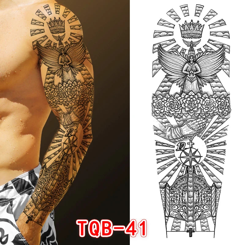 Large Arm Tattoo Sticker Full Sleeve Temporary Tattoos for Men Fish Wolf Tiger Tattoo Fake Tatoo for Women Waterproof Body Art
