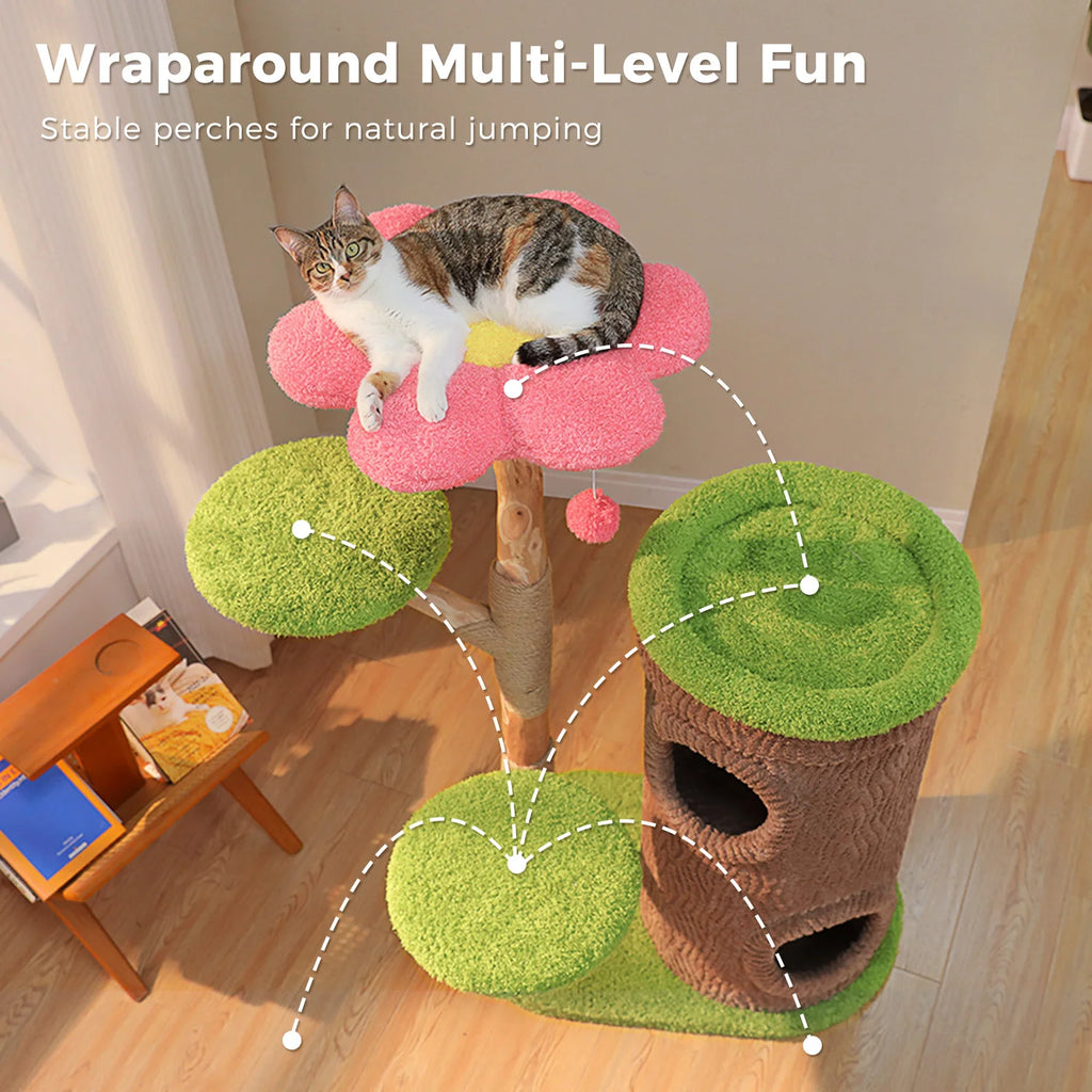 Large Cat Tree with 4 Spacious Condos Thick Scratching Post Flower Top Bed Tall Cat Tower for Indoor Luxury Cat House Bed Toys
