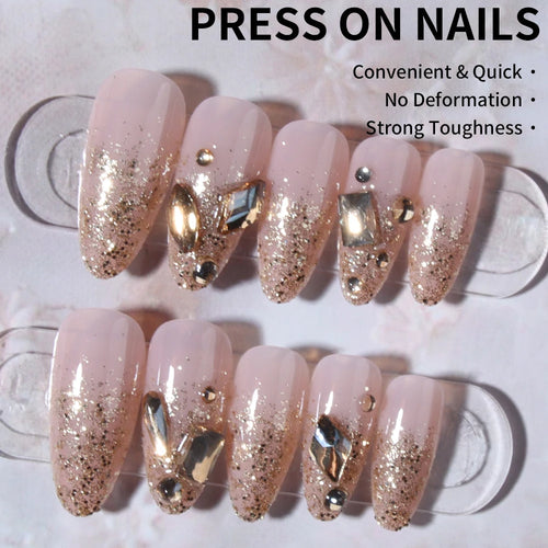 24 pcs of long almond-shaped nails inset with glittering light: French design, long acrylic nails that are very suitable for we