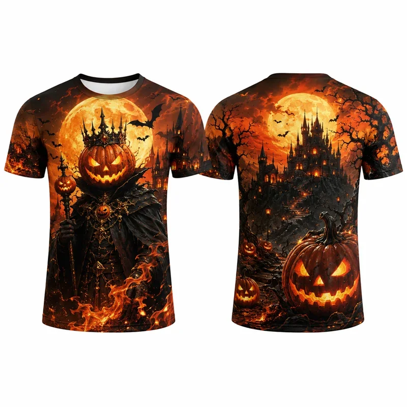 2026 New Halloween Pumpkin King Dark Castle Bat 3D All‑Over Print T‑Shirt 3D Print Short Sleeve Horror Party Tee Tops
