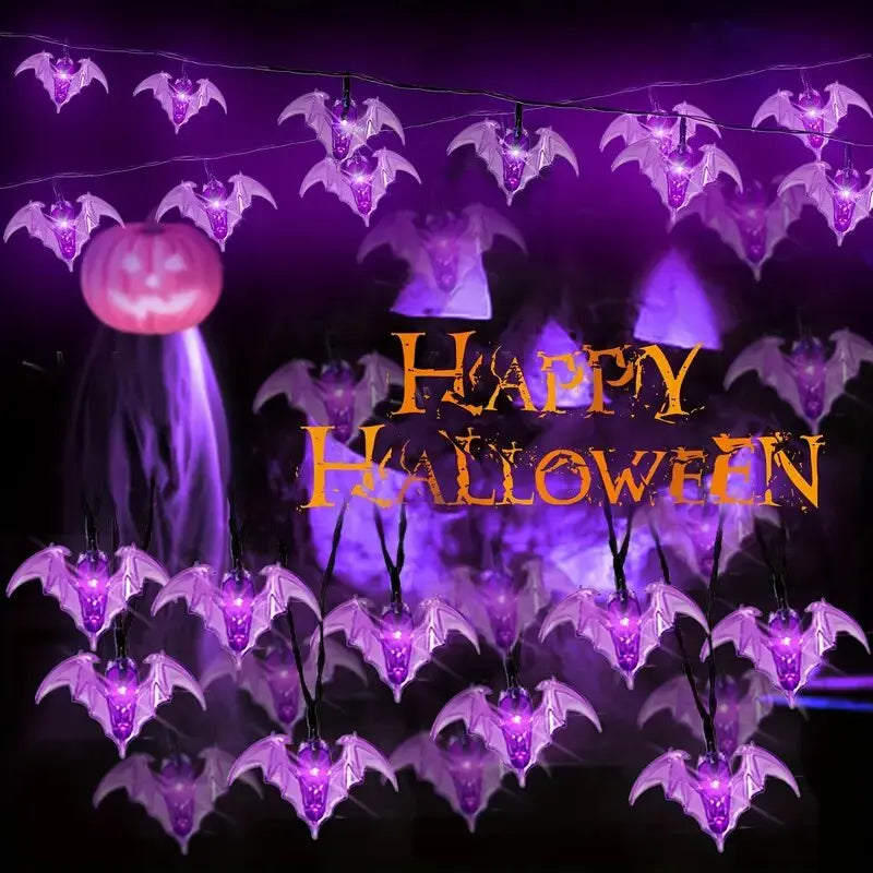 59.06inch 10 Lights, 3m 20 Lights Purple Bat Halloween Decoration String Lights, Battery Powered (No Plug)