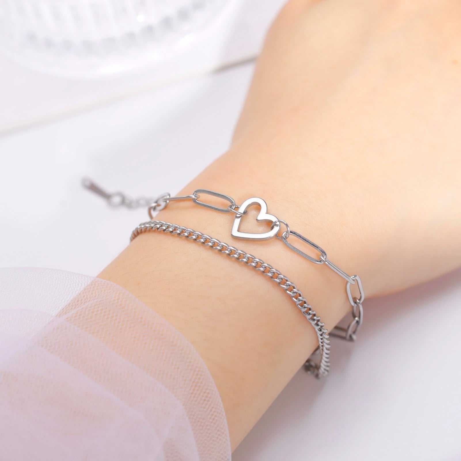 Heart Charm Bracelet Women's Stainless Steel Double Layer Paper Clip Chain Bracelet Jewelry Valentine's Day Gift New