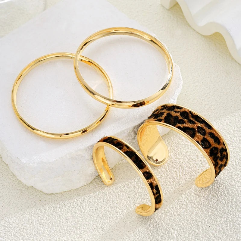 4pcs Vintage Leopard Print Smooth Furry Bracelets Set For Women Gold Color Multilayer  Chic Wristband Party Punk Jewelry Gifts