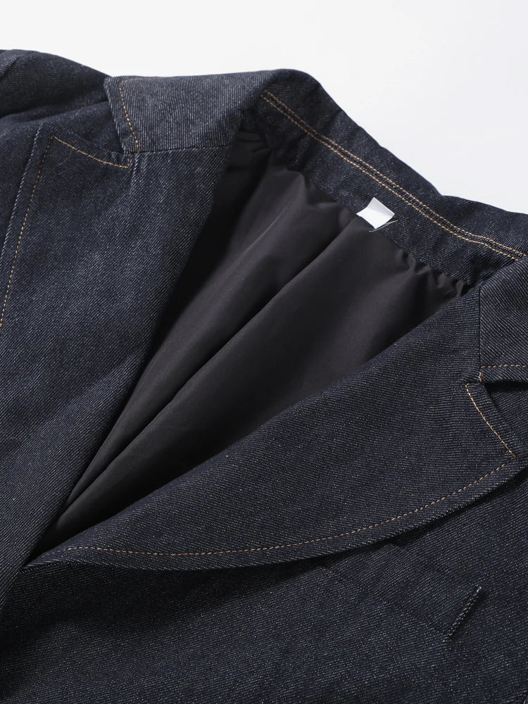 Denim Blazer Coat Tube Top Pants Sets 3 Pieces Women 2025 Spring Notched Button Up Suits Jacket Vest Wide Leg Trousers Suits