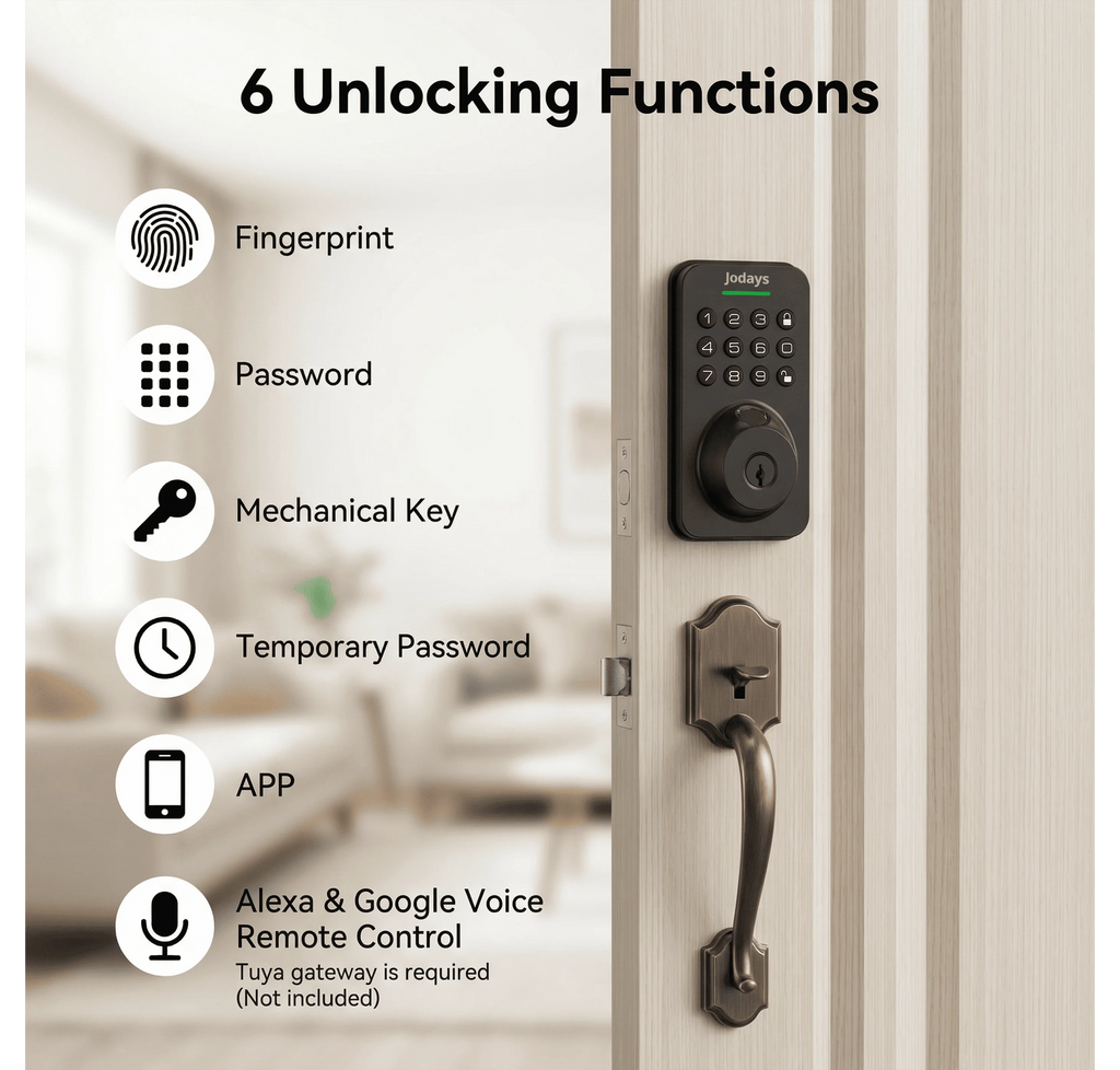 Jodays Smart Deadbolt Lock with Fingerprint & Keypad, Keyless Entry Door Lock with App Control, Temporary and One-Time Password, Auto Lock & Anti-Peep Passcode, Powered by 4pcs AA Alkaline Batteries (No Included), Easy Instal