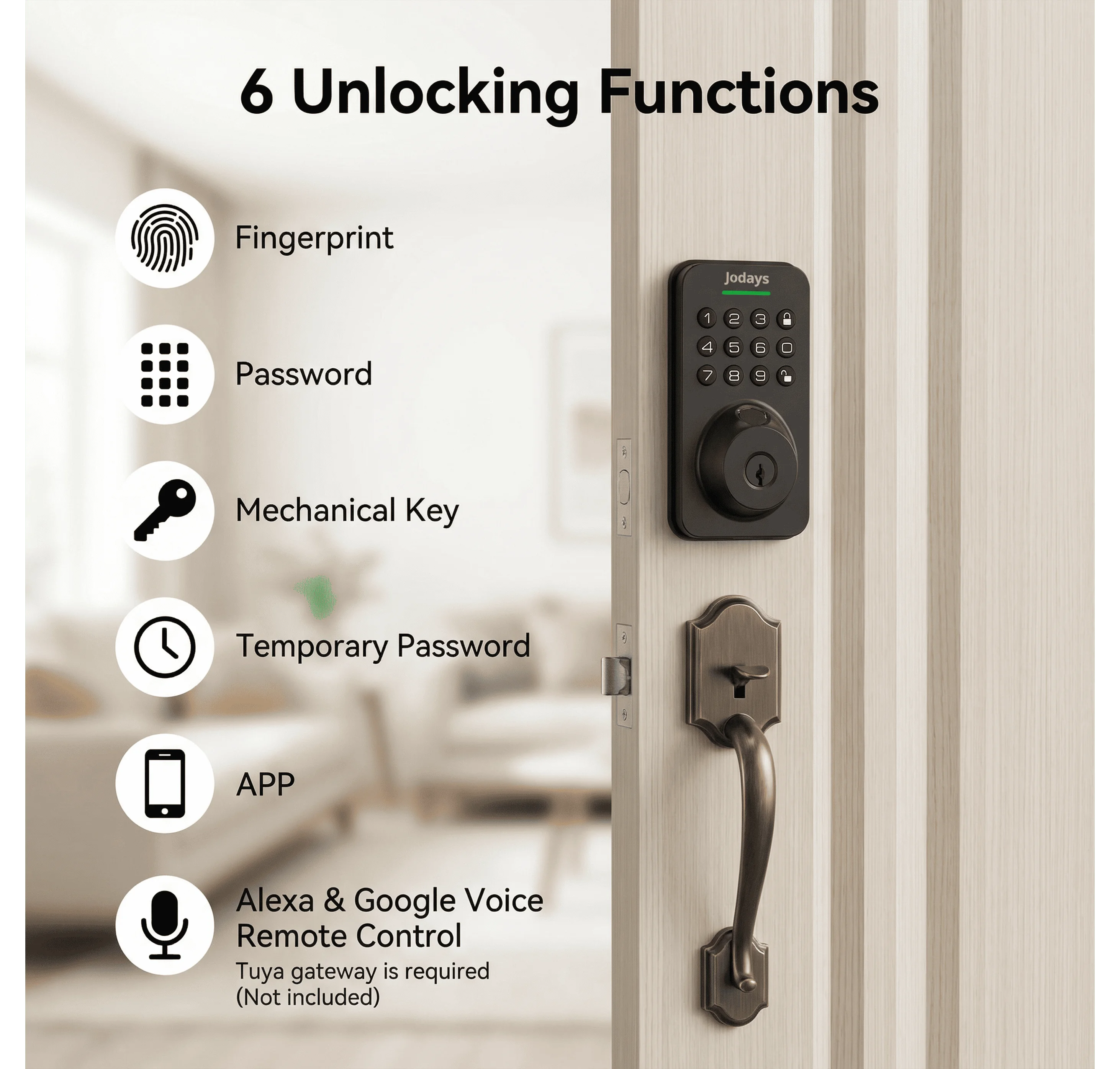 Jodays Smart Deadbolt Lock with Fingerprint & Keypad, Keyless Entry Door Lock with App Control, Temporary and One-Time Password, Auto Lock & Anti-Peep Passcode, Powered by 4pcs AA Alkaline Batteries (No Included), Easy Instal