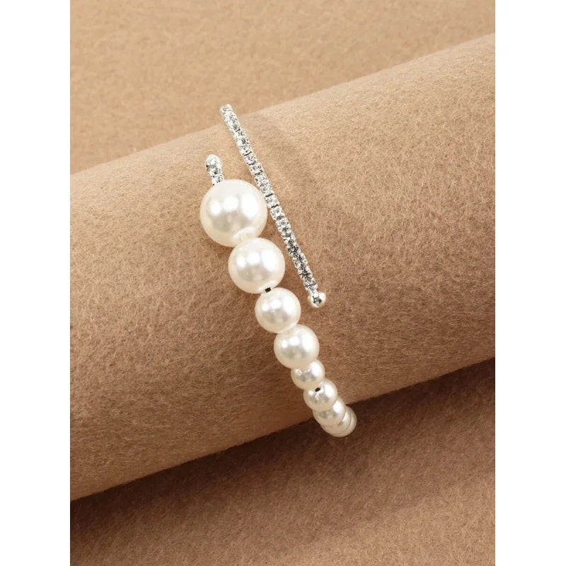 1pc Fresh & Elegant Diamond Inlaid Faux Pearl Open Ended Adjustable Bracelet