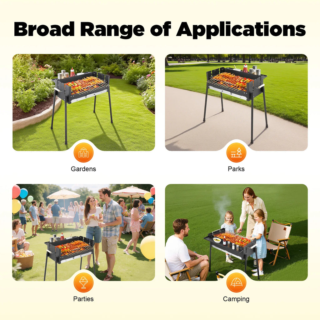 Folding Charcoal BBQ Grill – 3-Level Adjustable Height, 201 Stainless Steel, Portable Outdoor Camping for 3-8 People – Black