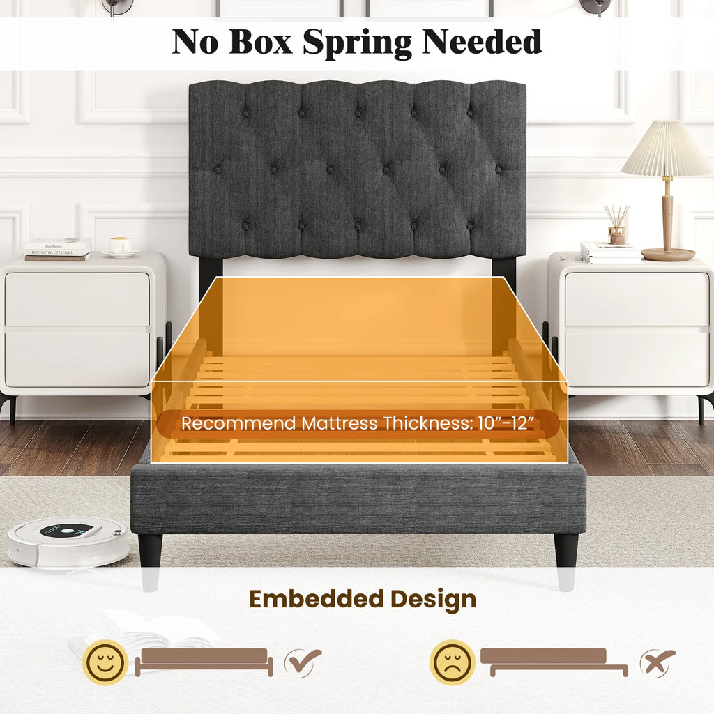 Twin Size Bed Frame with Button-Tufted Headboard & Wooden Slats Easy Assembly