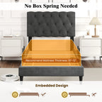 Twin Size Bed Frame with Button-Tufted Headboard & Wooden Slats Easy Assembly