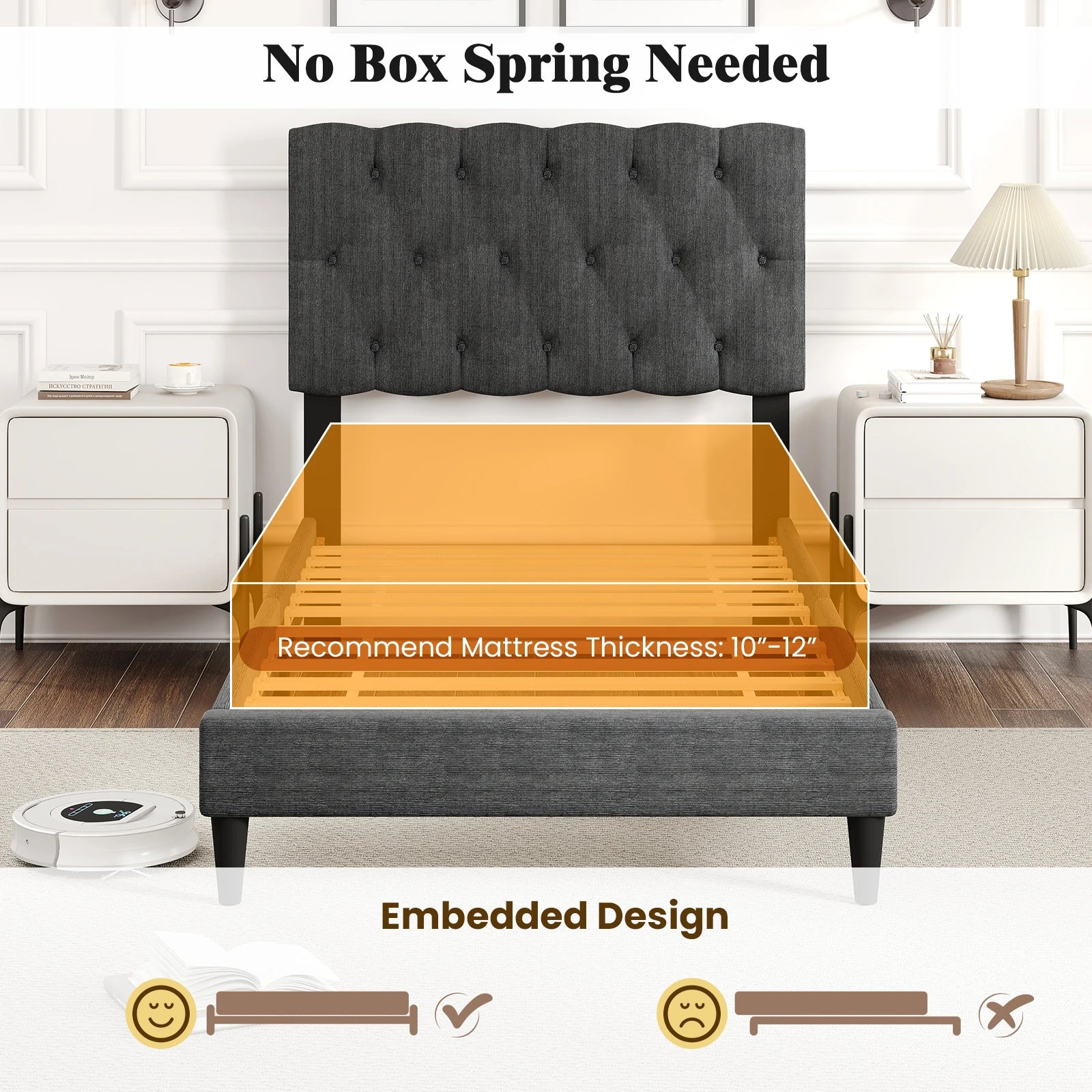 Twin Size Bed Frame with Button-Tufted Headboard & Wooden Slats Easy Assembly