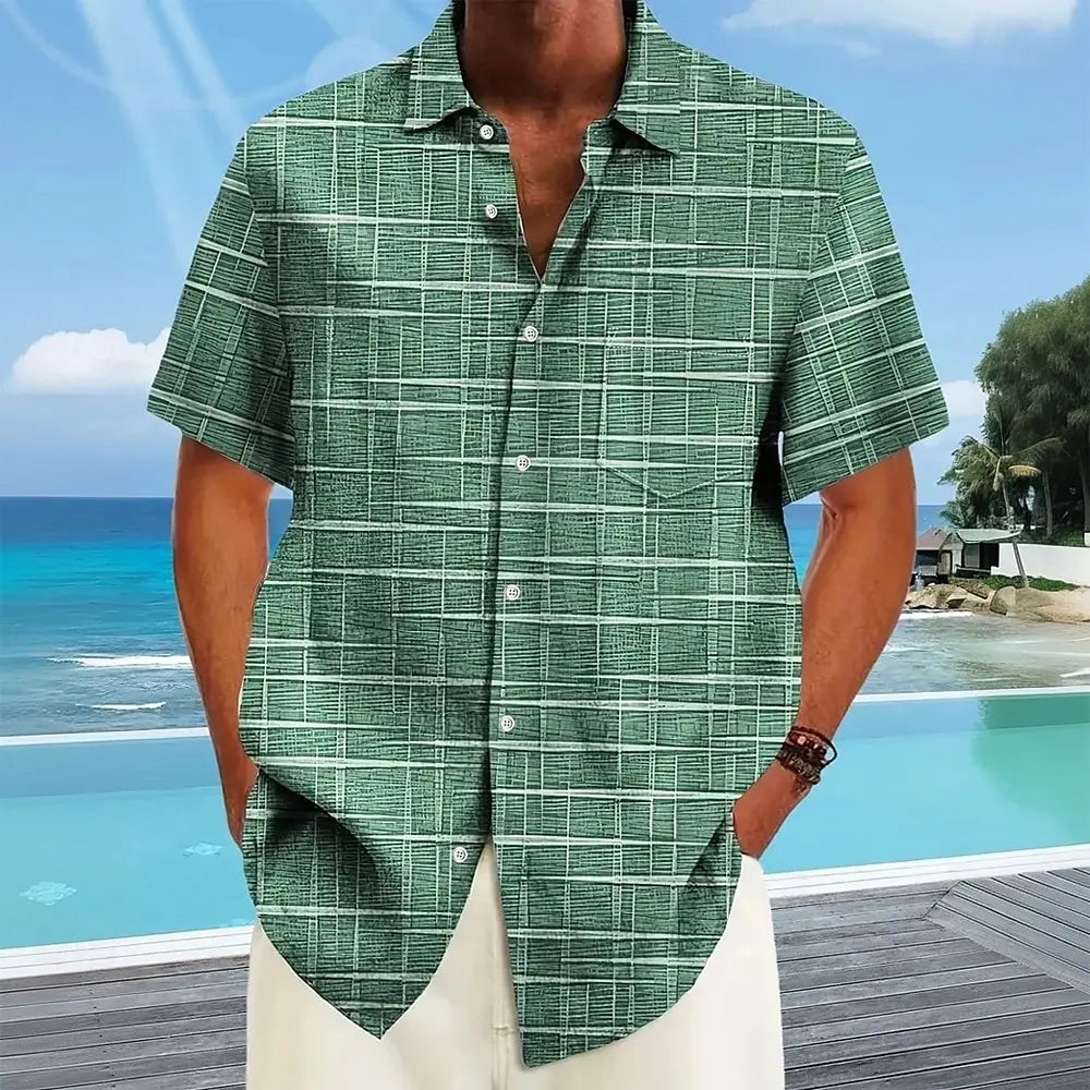 Hawaiian men's summer designer shirts casual short sleeves lapel short sleeves 3d casual plaid stripe pattern tops three colors