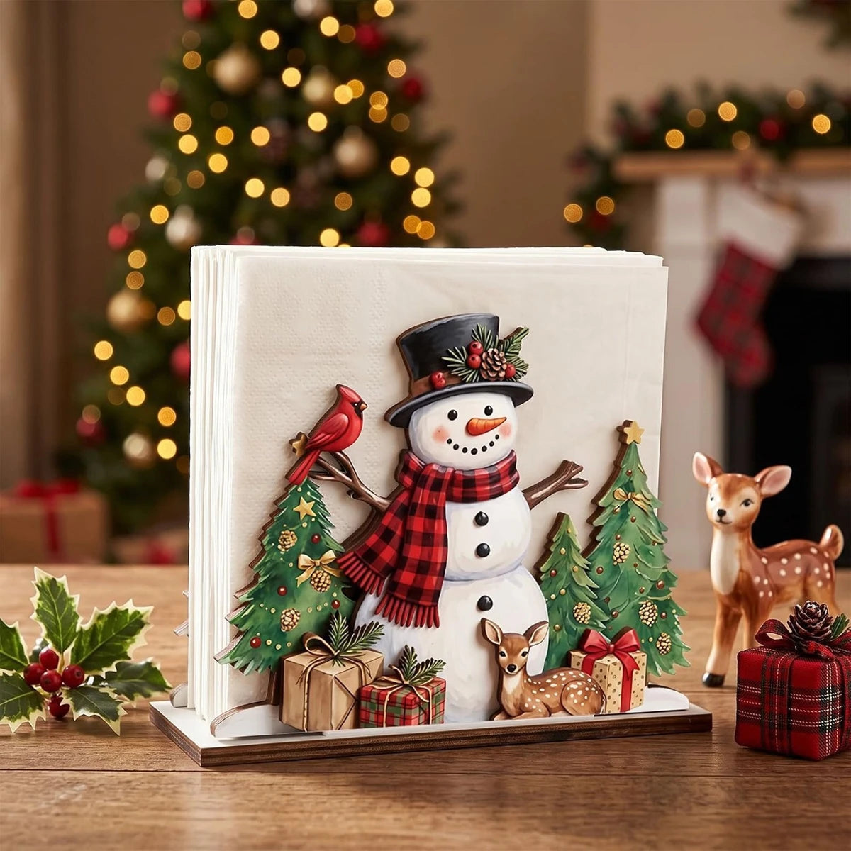 Santa Claus Wooden Napkin Holder Christmas Table Decor Desktop Tissue Storage Rack Xmas Party Dining Room Tabletop Decorations