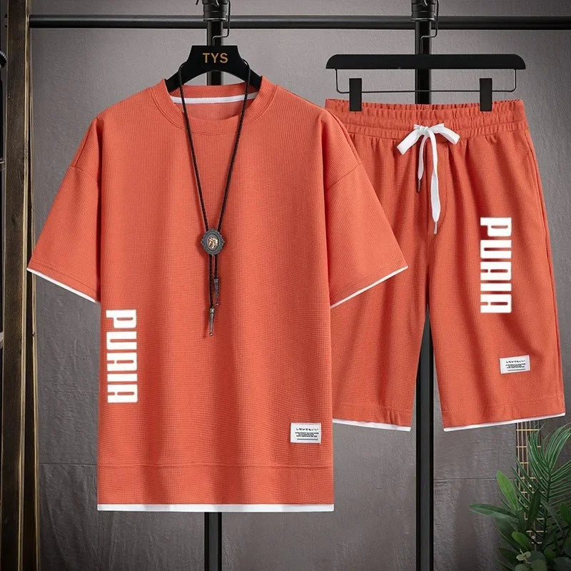 2026 New Men's T-shirt and Shorts Set 2-in-1 Summer Breathable Casual T-shirt Running Fashion Element Printed Men's Sports Set
