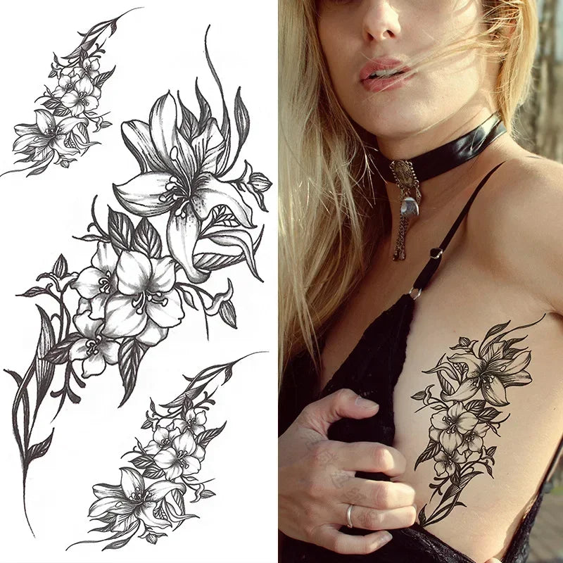 Women Sexy Temporary Tattoo Stickers Black Roses Pattern Full Flower Design Used for Arm Body Art Big Large Fake Tattoo Stickers