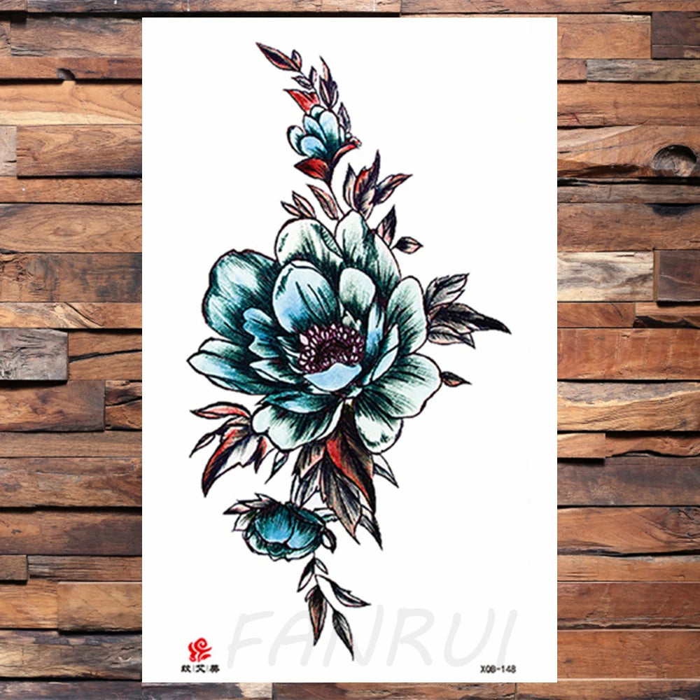 Watercolor Rose Flower Temporary Tattoo For Women Kids Girls Cherry Fake Tattoos Sticker Sexy Lotus Henna Waterproof Tatoo Waist
