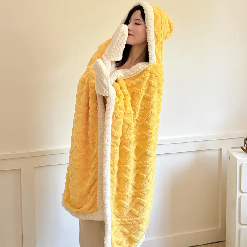New Taffeta Fleece Hooded Blanket Warm Sherpa Lined Blankets with Giant Pocket Solid Color Skin-Friendly Office Nap Plush Cloak