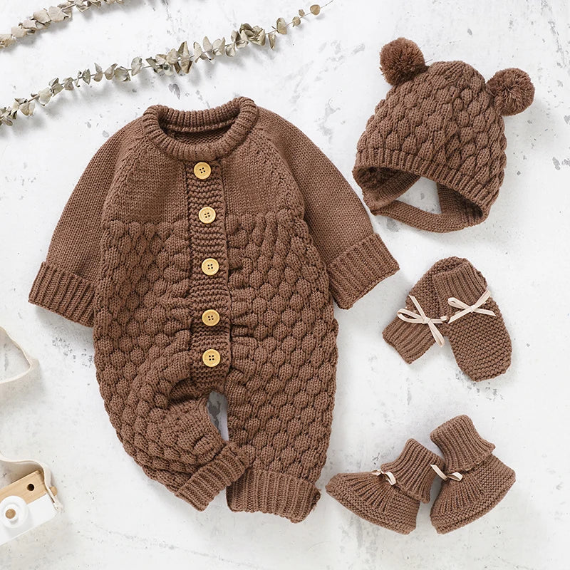 Newborn Baby Romper Shoes Gloves Set Knit Girl Boy Jumpsuit Boot Mitten Solid Toddler Infant Long Sleeve Clothing 4PC Fall 0-18M