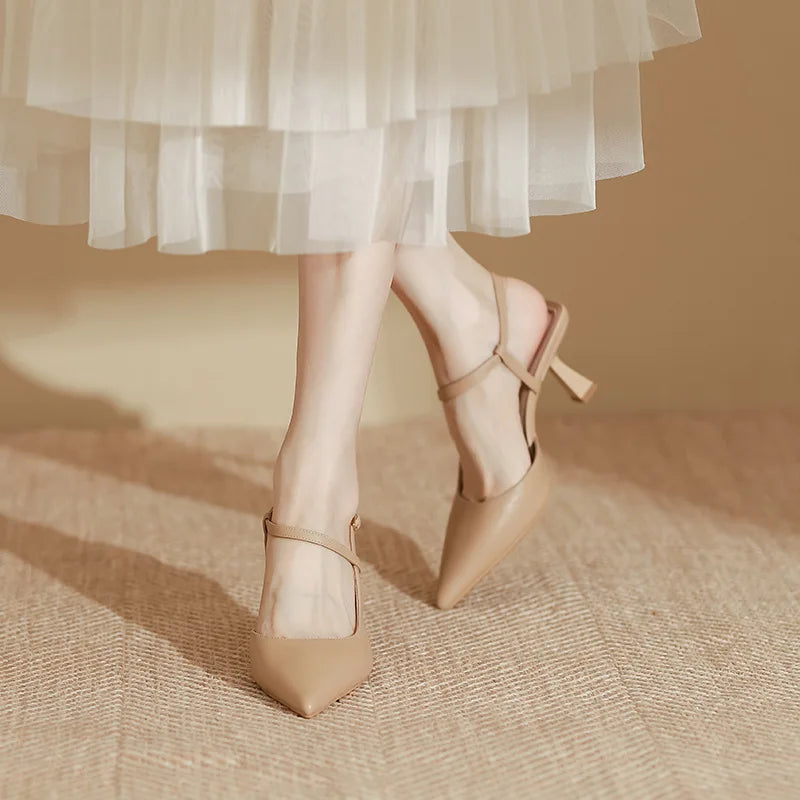 Summer Women Shoes Pointed Toe Thin Heel Women Sandals PU Leather Shoes for Women Slingback Elegant High Heels Party Shoes