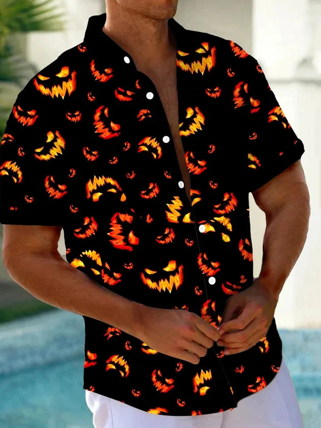 2026 New Men's Shirt Halloween Pumpkin Full Print Turn-Down Collar Short Sleeve Top Casual Streetwear Beach Vacation Men Apparel