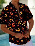 2026 New Men's Shirt Halloween Pumpkin Full Print Turn-Down Collar Short Sleeve Top Casual Streetwear Beach Vacation Men Apparel