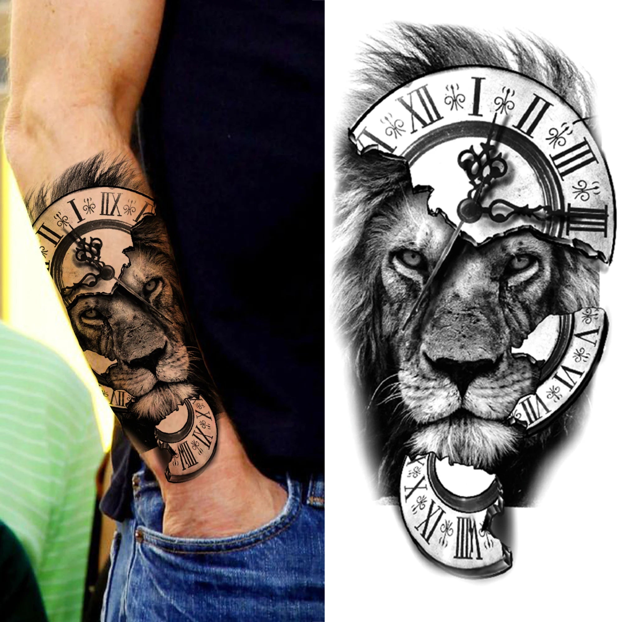 1pc Lion Men Waterproof Temporary Tattoos Fake Stickers Arm Hand Cool Art Black Transfer Clock Tattoo Stickers Wolf Tiger Tattoo