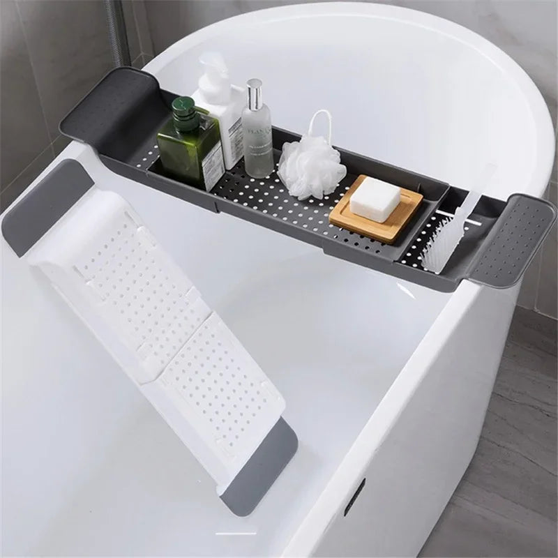 Bathroom Tray, Shower Caddy, Bamboo Bath Tub Rack, Towel Book Holder, Storage Organizer Accessories, Extendable Bathtub Shelf