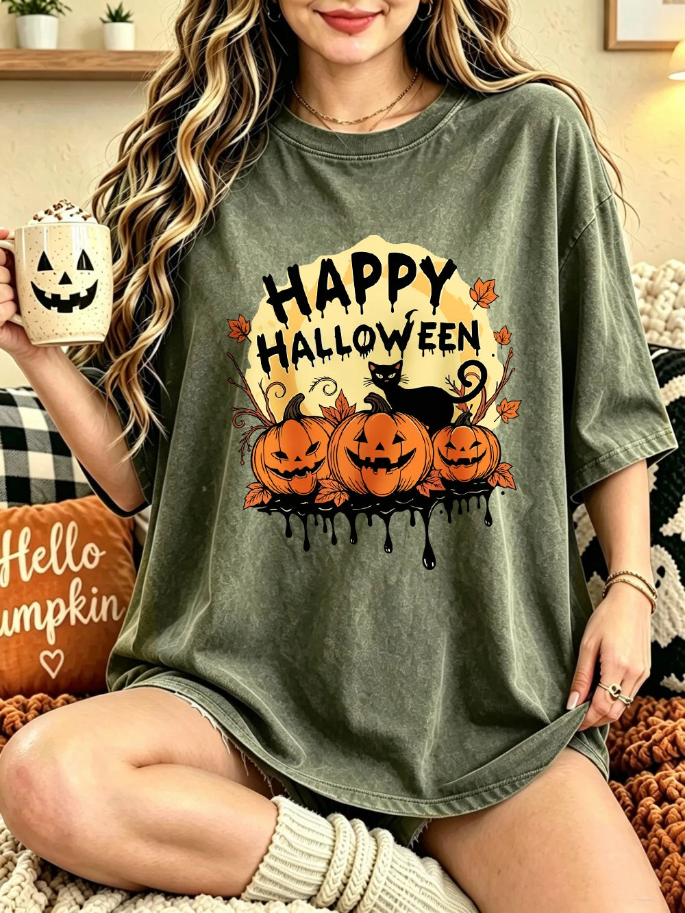 Happy Halloween Pumpkins Printed Washed T-Shirts Womens Cotton Short Sleeve Tops Casual O-Neck Oversized T Shirt Summer Clothes