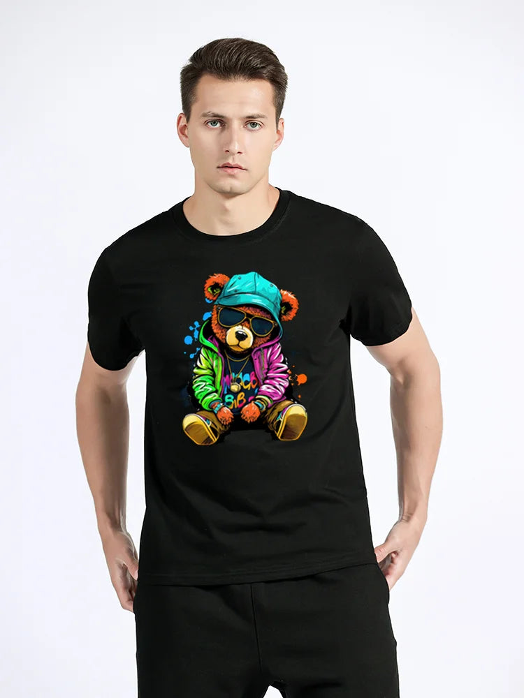Teddy Bear Playing Badminton T-shirt Cotton Clothing Tops Graphics Kawaii Men Women Short Sleeve Print TShirt Tees