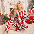 Meet'r New Year Christmas Long Sleeved Long Pants Home Clothes Underwear Striped Print Pajamas Ladies' Comfortable Pajamas