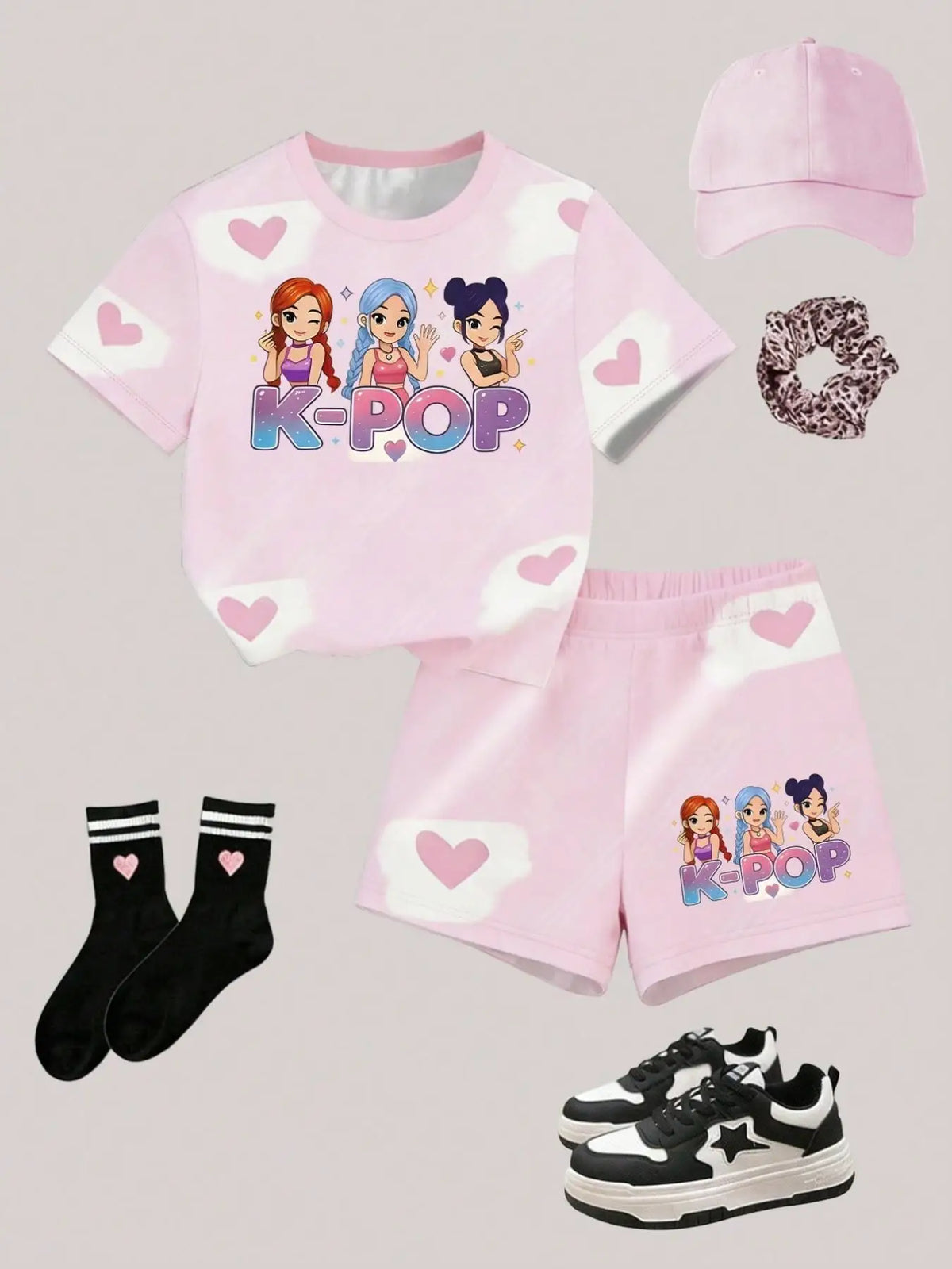 Girls' Summer Casual Outfit, Children's Printed Short-Sleeve Set, Girls' Heart and Cartoon Print Short-Sleeve T-Shirt + Shorts Two-Piece Set, Suitable for Girls over Three Years Old, Versatile Clothing