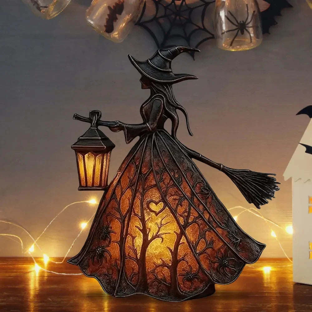 Halloween Witch Lantern LED Night Light Resin Statue Gothic Home Decor with Broom for Spooky Party