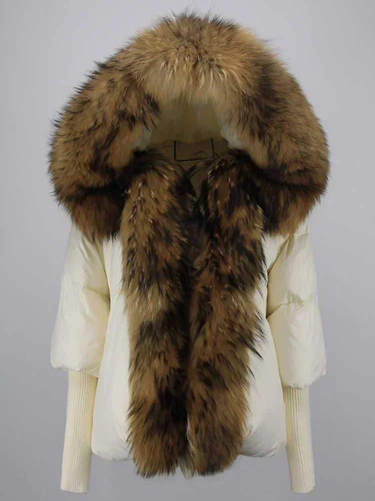 2024 Winter Puffer Jacket Women Real Fox Fur Collar Hooded Natural Thick Warm Loose Oversize Duck Down Coat Streetwear Outerwear