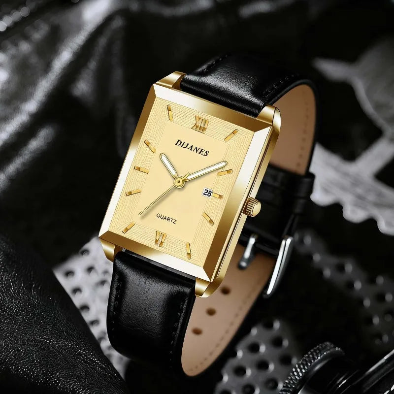 2pcs/set Mens Watches + Necklace Fashion Brand Square Quartz Watch for Man Business Casual Leather Belt Clock Men Gift Relogios