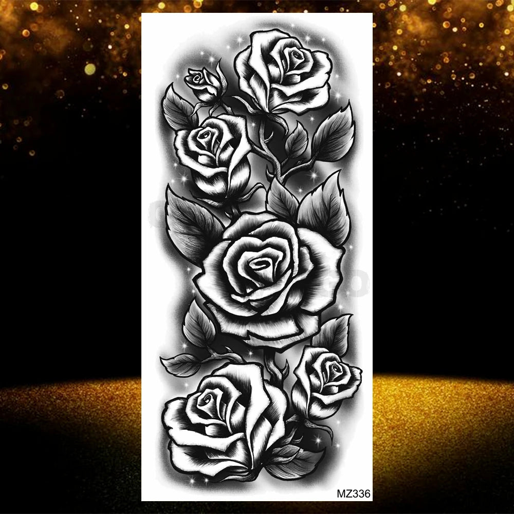Realistic Black Rose Flower Temporary Tattoos Fake Waterproof Tatoo Body Art Arm Leg Floral Peony Bloosom Tattoo Stickers Makeup