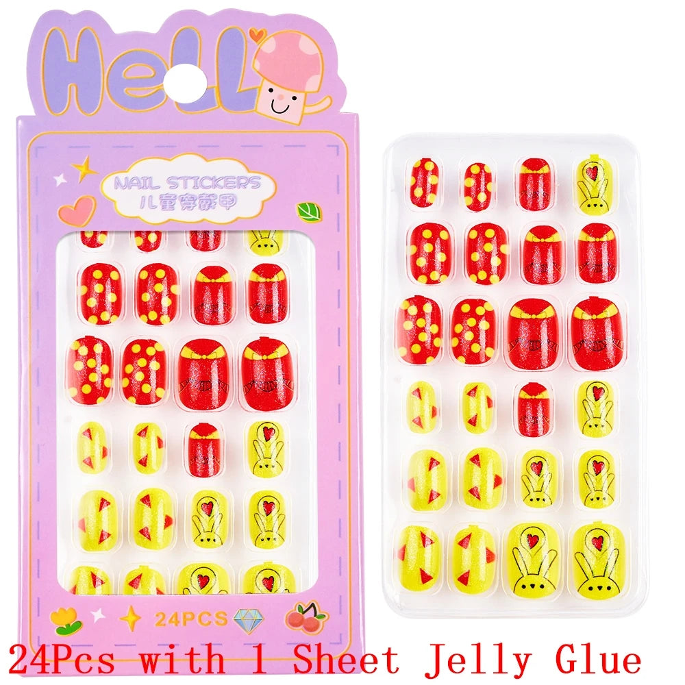 Children Press on Nails,24 Pcs Fake Nails Tips for Kids Acrylic Nails Pre-glue Full Cover Short False Nails Cute Fingernails