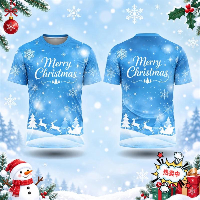 2026 New Merry Christmas T Shirt For Men Women 3D Print Snowflake Reindeer Sleigh Graphic Short Sleeve Xmas Tee Holiday Family