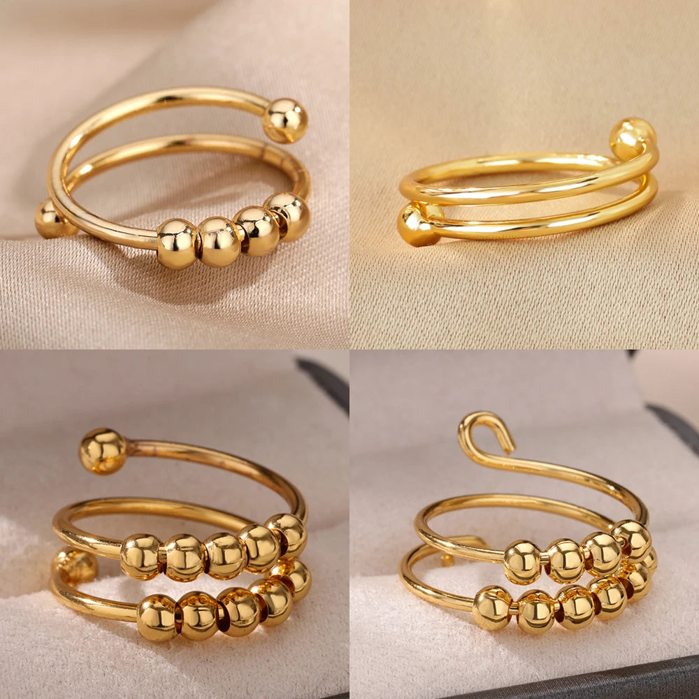 Anxiety Beads Rings for Women Gold Color Stainless Steel Open Spinner Adjustable Finger Ring Rotating Freely Anti Stress Jewelry