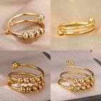 Anxiety Beads Rings for Women Gold Color Stainless Steel Open Spinner Adjustable Finger Ring Rotating Freely Anti Stress Jewelry