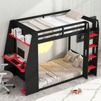 Twin Size Bunk Bed with Gaming Desk,USB and LED Light, Black+Red, Customized