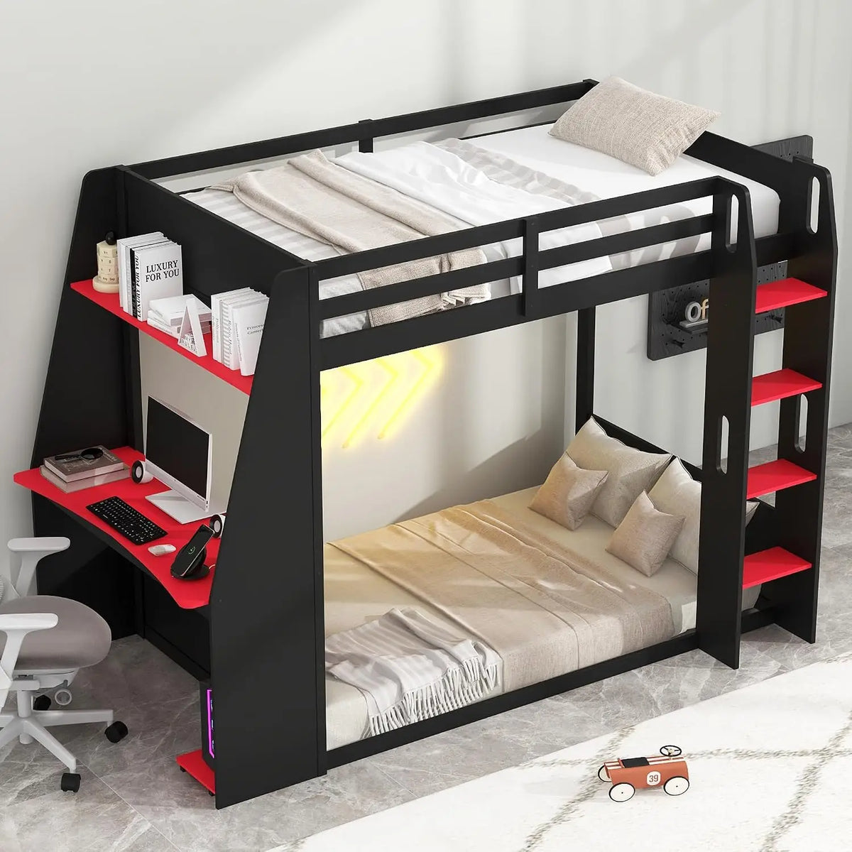 Twin Size Bunk Bed with Gaming Desk,USB and LED Light, Black+Red, Customized