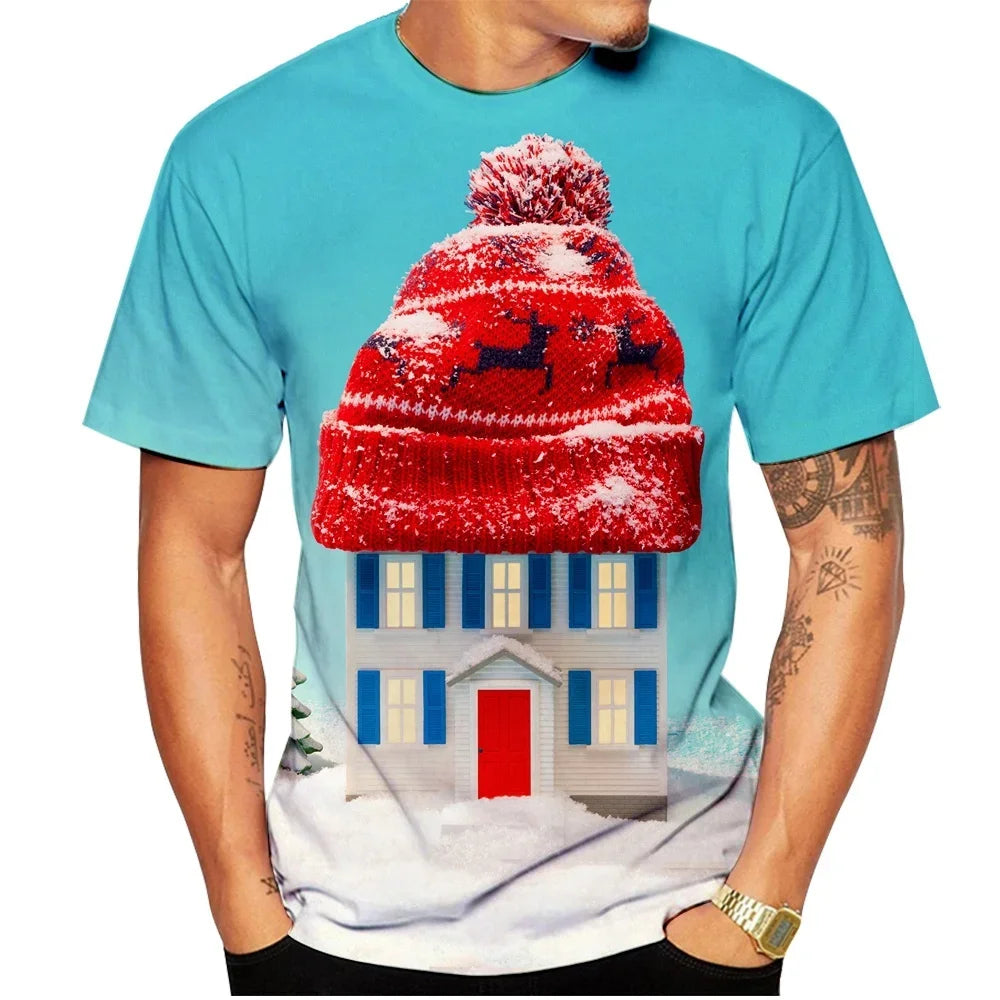2026 Fashion Men's Merry Christmas T-Shirt Blue Xmas Tree Snowflake Graphic Crew Neck Short Sleeve Holiday Party Casual Tee Tops