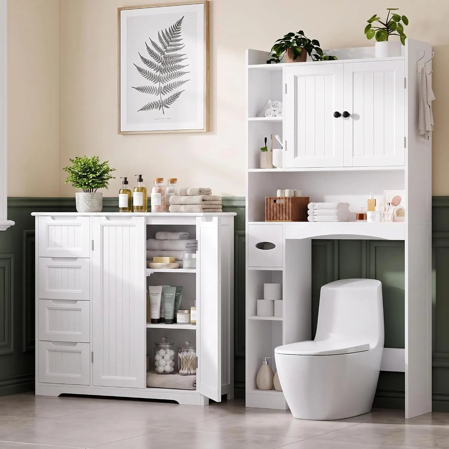 2 PCS Bathroom Storage Cabinet Sets, White Over The Toilet Storage Cabinet & Bathroom Floor Cabinet with Drawers & Doors, Wooden