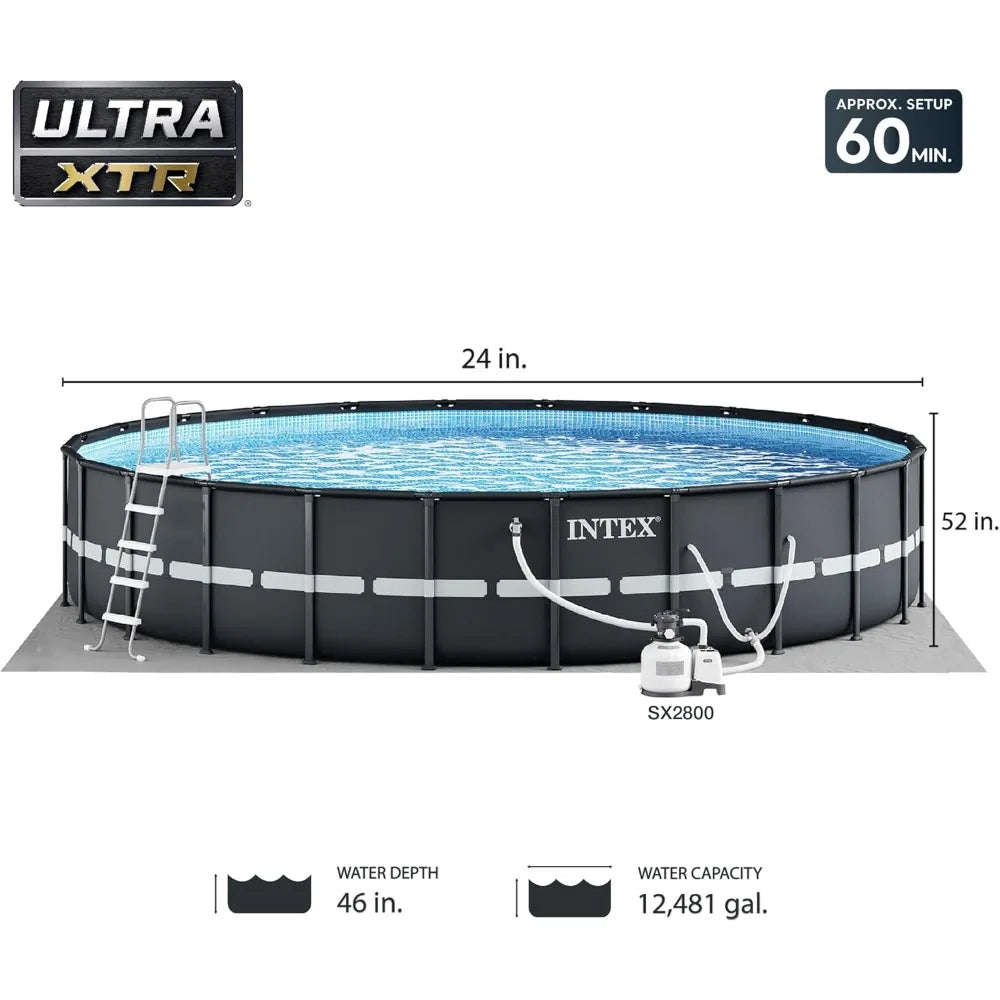 Furniture Accessories-Above Ground Swimming Pool Set with Sand Filter Pump 24 Feet Round 52 Inch Height