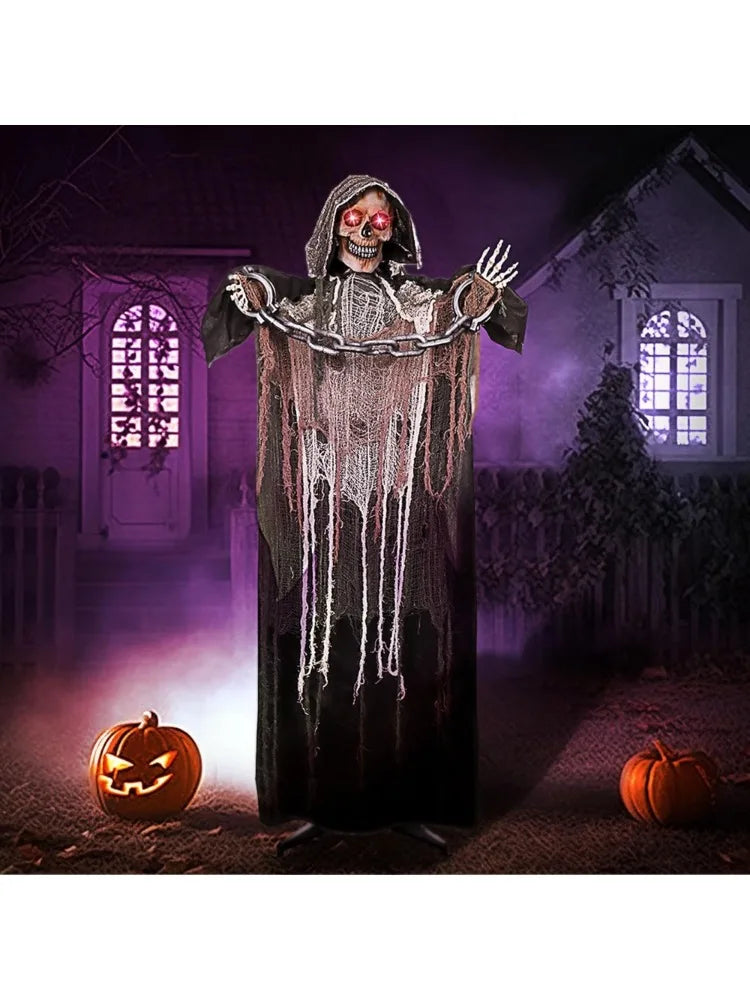 67''Halloween Decorations Outdoor Life Size Animatronics Grim Reaper with Chain Sound-Actived Party Decor with Creepy Sound Scary House Props for Garden Yard Lawn