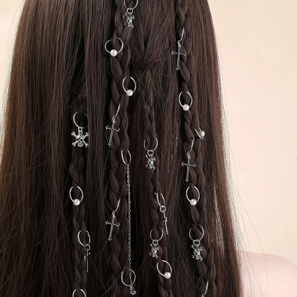 13pcs Cross&Skull Decor Hair Ring,Dreadlocks Beads Hair Braid Rings Clips Dread Locks Hair Braiding Cuffs Decoration/Accessories