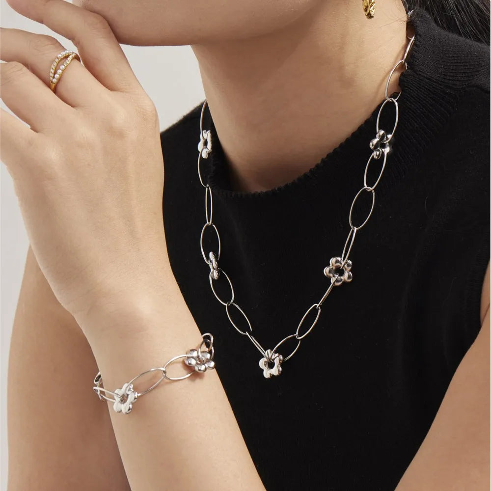 Stainless Steel Chain Necklace Bracelet For Women 18k Gold Plated Waterproof Non Tarnish Women's Bracelets Necklaces Jewelry Set