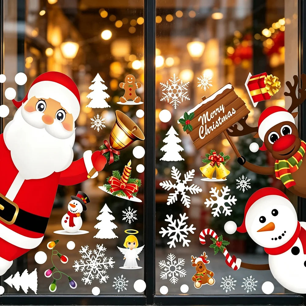 Christmas Window Cling Stickers Santa Claus Reindeer Snowflake Gift Box Window Decals for Xmas Home Shop Glass Door Window Decor